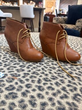 Bella Marie Cognac Lace-Up Wedge Ankle Booties